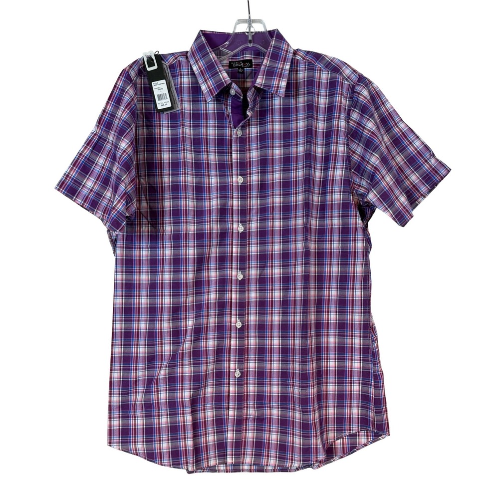 Galaxy by Harvic Mens Short Sleeve Plaid Button Down Shirt Madras Large NEW Prep